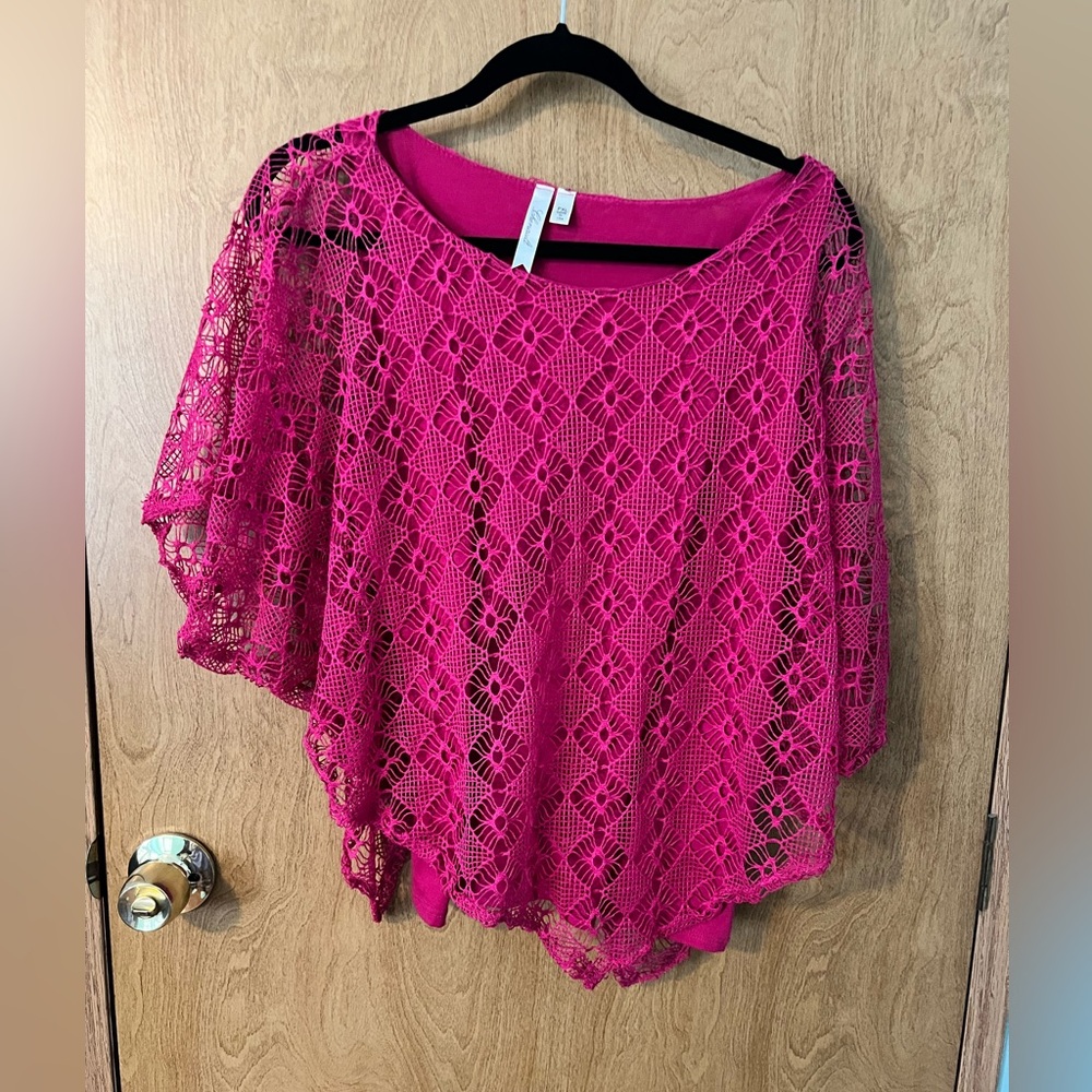 Women Chenault Fuchsia Crochet Overlay Tank Top Size Petite XL Made In USA EUC